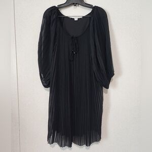 Diane Von Furstenberg Black Sheer Balloon Sleeve Flowy Pleated Dress Siz…